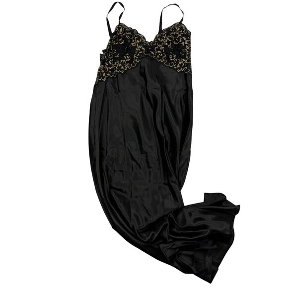 Thalia Sodi Other - Thalia Sodi Intimates Black Satin Gold Lace Floral Long Gown Chemise Lingere S